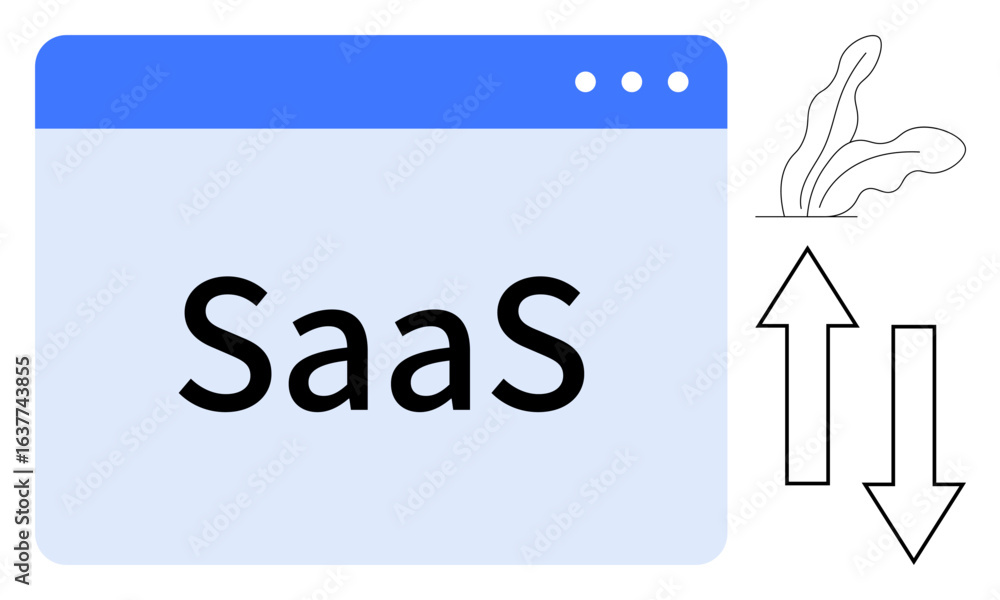 Poster browser window with saas text, rising growth arrow, bidirectional data arrow, and abstract shapes. i