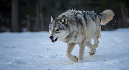 Naklejka premium Wolf on the Prowl A Majestic Creature in a Snowy Winter Landscape