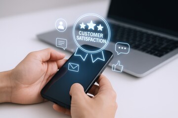 Customer Satisfaction Digital Feedback: Person Holds Phone Displaying Virtual Rating Overlay for Excellent Service