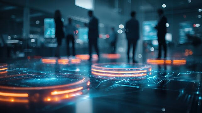 Futuristic Business Meeting with Holographic Displays and Abstract Data Visualization in a Modern Office