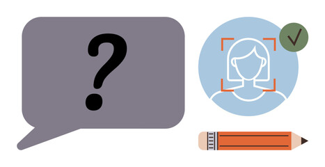 Speech bubble with question mark, user profile with focus frame and checkmark, and pencil. Ideal for identity verification, security, support, registration, authentication, creativity simple flat