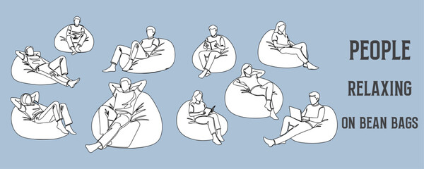 Architectural Drawings people relaxing on bean bags vector illustration, side view, human person Minimal style hand drawn.