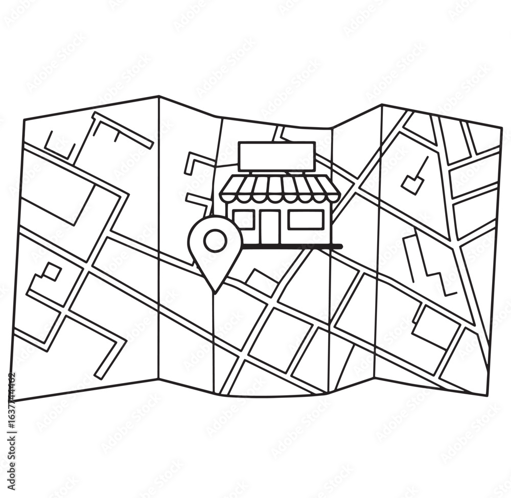 Aufkleber black and white line art map with shop location marked by a pin pointer