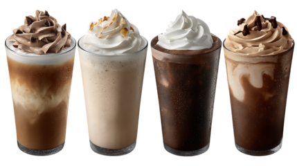 Four iced blended beverages with whipped cream and chocolate transparent PNG isolated background