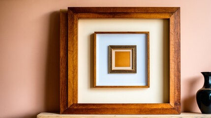 A wooden frame with a white frame inside of it