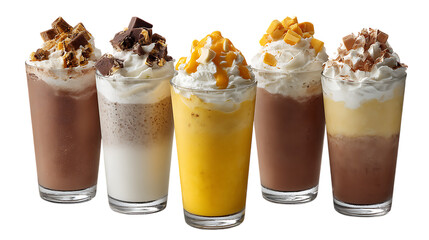 Various flavored milkshakes topped with whipped cream and candy transparent PNG isolated background