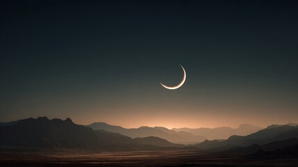 **Day 1 Thin Crescent Moon Low On The Horizon, Glowing Above A Dark Desert Landscape, Dreamy Atmospheric Composition, Lots Of Copy Space, Premium Cinematic Look --Ar 16:9 --V 7.0** - @Darya (Relaxed)