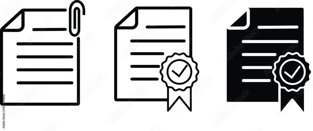 Poster a set of file and document icons, featuring a paper clip for attachments, a certified document with 
