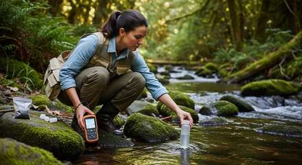 Environmental engineer checks water quality, taking water to the laboratory for analysis, checks the mineral content in water and soil, the presence of pollutants in water sources. Concept of water po