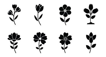Collection of eight simple black flower illustrations with stems and leaves