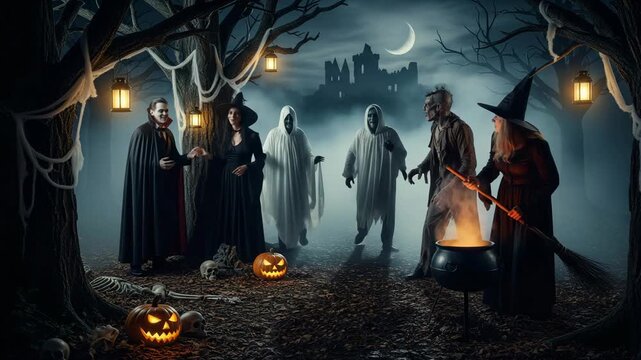 Creepy Halloween background with witch, vampire and other monsters. Perfect for greetings, advertising and creepy stories.
