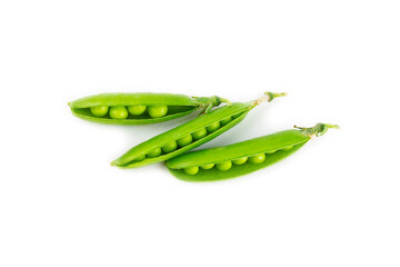Fresh green pea pods with green peas isolated on white background. Sweet green peas. Green pea beans vegetables. Vegan. healthy vegetable