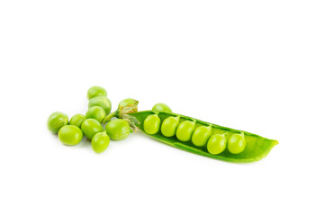 Fresh green pea pods with green peas isolated on white background. Sweet green peas. Green pea...