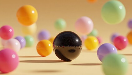 Naklejka premium A black sphere amidst a cluster of colorful spheres