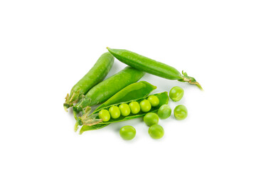 Fresh green pea pods with green peas isolated on white background. Sweet green peas. Green pea...