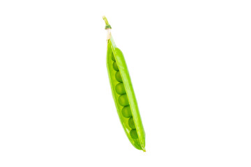 Fresh green pea pods with green peas isolated on white background. Sweet green peas. Green pea...