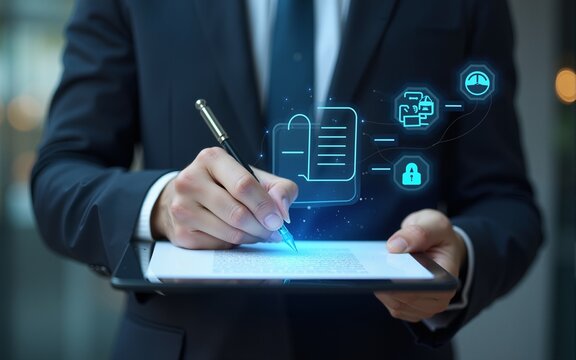 Businessman digitally signing terms and conditions on a tablet, with holographic icons representing legal documents, contracts, and e-signatures, showcasing modern document signing. High quality