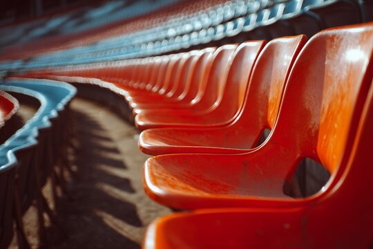 A row of orange and blue stadium seats in the sunlight, creating a vibrant pattern, concept for sporting event promotions, spectator engagement, and venue advertisements