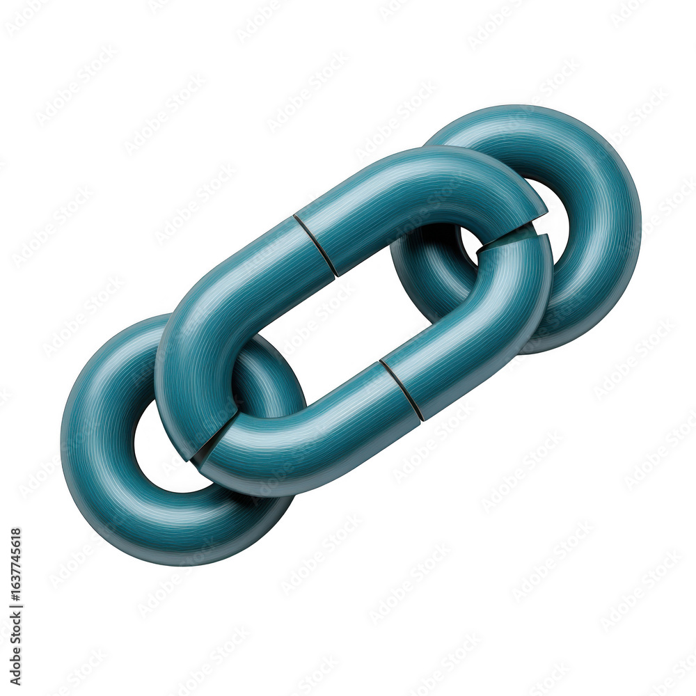 Poster three interconnected teal metal chain links with a brushed texture isolated on transparent backgroun