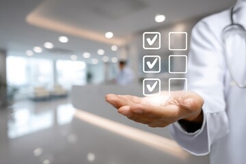 Doctor's hand holds glowing checklist over blurred hospital interior
