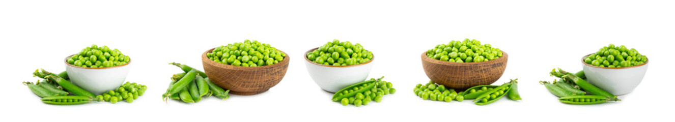 Fresh green pea pods with green peas isolated on white background. Sweet green peas. Green pea beans vegetables. Vegan. healthy vegetable