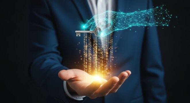 Digital Transformation: Business Man Holding Holographic Hand with Key for Cybersecurity Solutions and Encryption