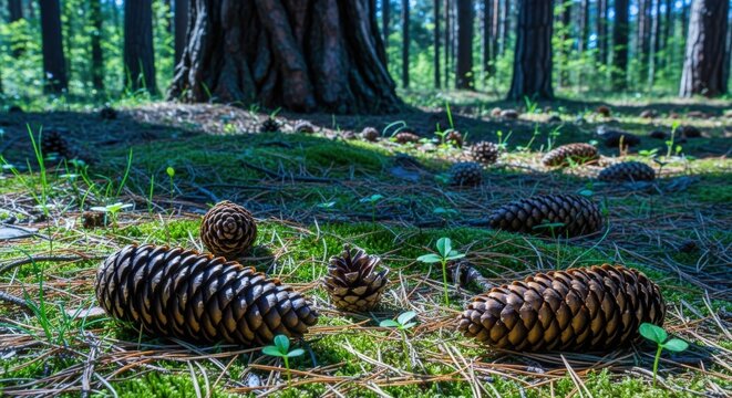 Pine Cones on Forest Floor with Moss and Needles in Natural Sunlight Setting