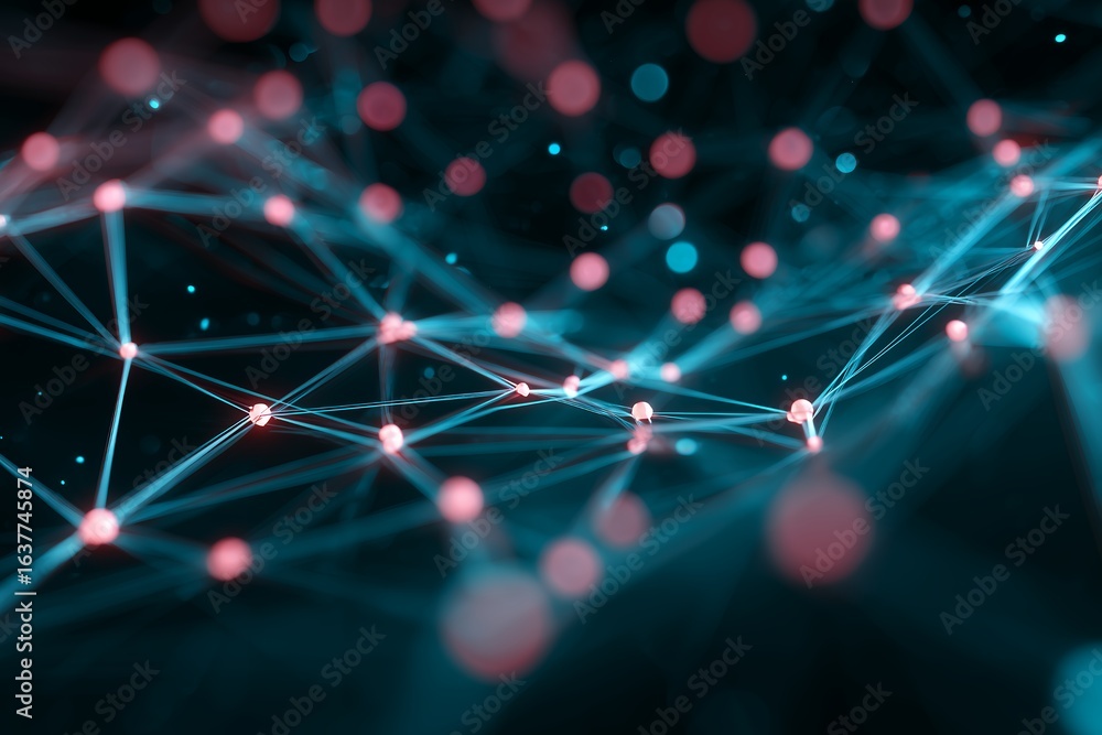 Poster abstract network with connected points and lines in blue and pink tones. concept for data visualizat