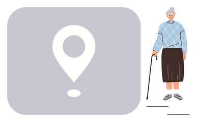 Elderly woman holding cane stands next to a large location pin against a plain background. Ideal for accessibility, navigation, senior care, technology, independence, health, and travel. Simple flat