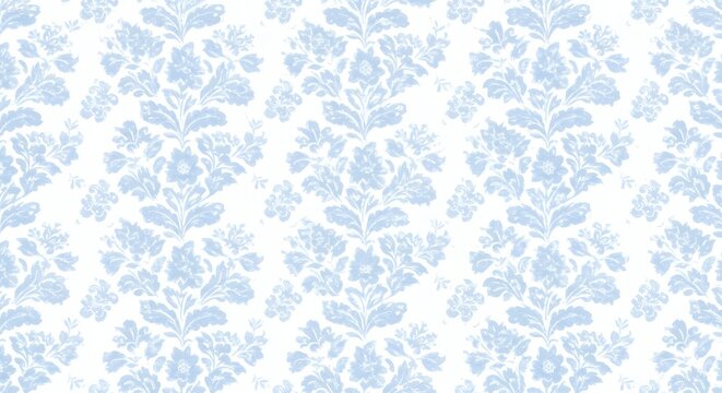 Seamless light blue floral damask pattern on a white background. Vintage style ornamental textile design for wallpaper or fabric.