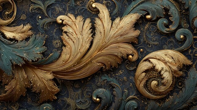 Gold Leaf and Teal Accents on Dark Background Intricate Ornate Design