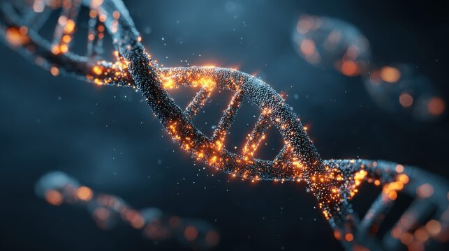 DNA Strand Visualization with Glowing Particles for Medical Research and Genetic Engineering Concepts