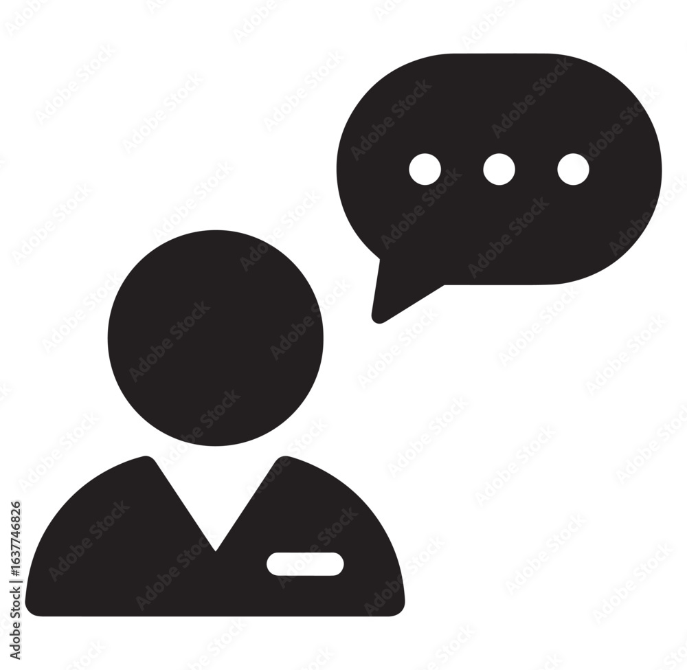 Poster simplified icon of a person communicating with a speech bubble containing three dots