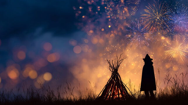 Guy Fawkes Bonfire Night prep events, silhouette of bonfire against twilight sky, blurred fireworks in background