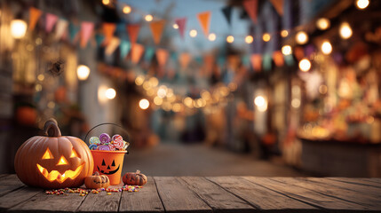 Halloween events, carved pumpkin and candy bucket on wooden porch, blurred spooky decorations in background