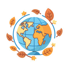 Globe with map and autumn leaves around