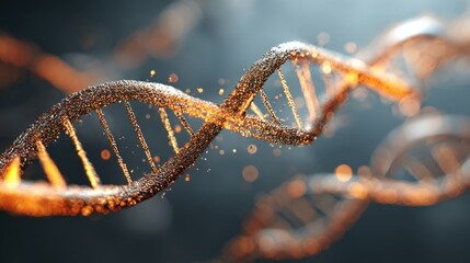 DNA Strand Illustration with Abstract Particle Effects, Depicting Genetic Code and Scientific Research
