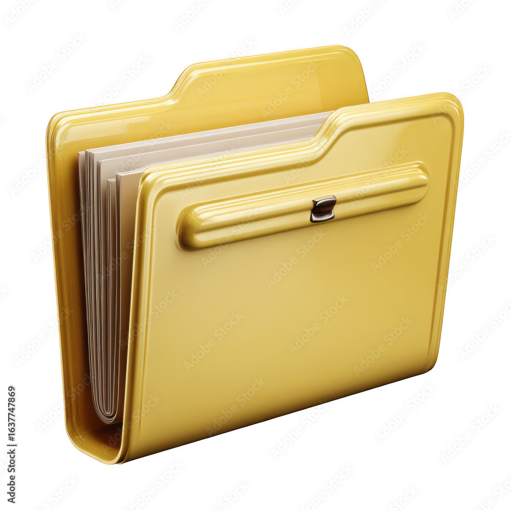Poster a glossy yellow file folder with several documents inside and a silver clasp isolated on transparent