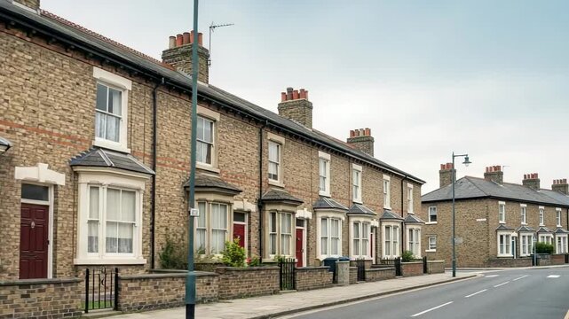 CATHALLS street sign on a corner of a traditional English terraced house row. Residential neighborhood with brick buildings and bay windows in the UK.