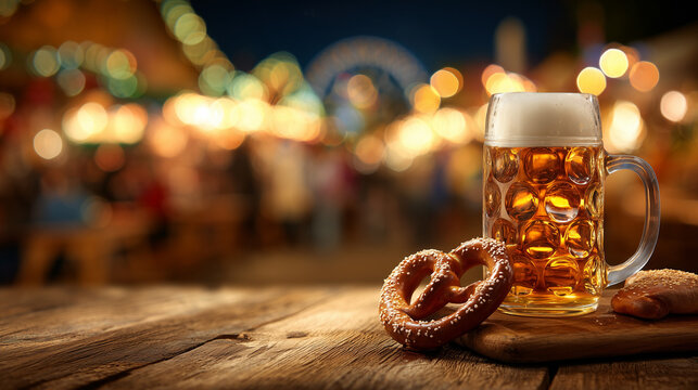 Oktoberfest (M&uuml;nchner Oktoberfest), beer stein and pretzel on wooden table, blurred festival lights in background