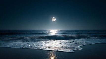 **Day 5 Moon With Soft Glow Above Ocean Horizon, Gentle Waves In Moonlight, Blue And Silver Tones, Premium Emotional Night Scene --Ar 16:9 --V 7.0** - @Darya (Relaxed)