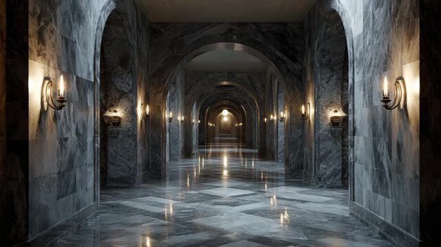 Sacred medieval dungeon hall with a mysterious mood, illuminated by candles for a fantasy ritual