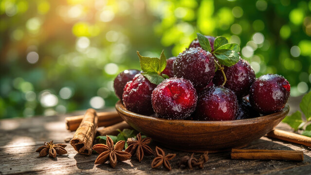 Fresh red plums in wooden bowl with cinnamon sticks and star anise on rustic wooden table with green bokeh background
