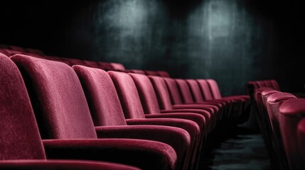 Obraz premium Rows of Plush Red Theater Seats Awaiting an Audience in a Dark Auditorium