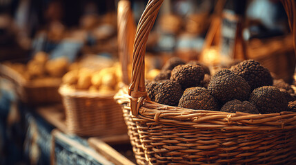 Sagra del Tartufo (Truffle fairs), fresh truffles in wicker basket, blurred Italian market background,