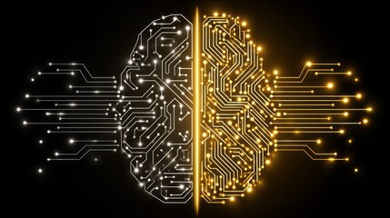 Half human brain and half digital circuit illustrating the fusion of biology and technology in modern intelligence