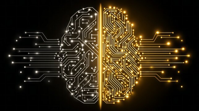 Half human brain and half digital circuit illustrating the fusion of biology and technology in modern intelligence