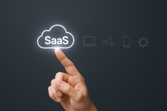 Software as a Service concept featuring a person interacting with cloud computing interface on grey background