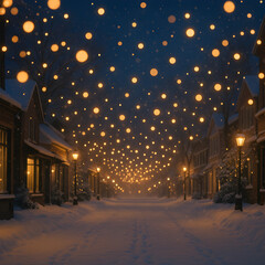 Magical winter street with festive string lights at night and snow-covered houses