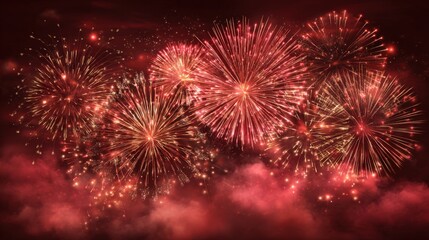 Vibrant Red Fireworks Display Exploding in Night Sky, Festive Celebration, Pyrotechnics Show, Holiday Spectacle